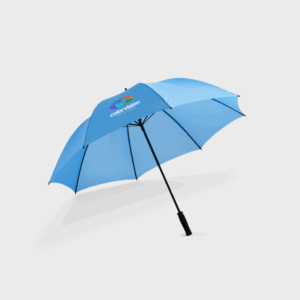 Parapluie bleu avec logo multicolore.