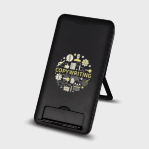 Support téléphone noir avec design copywriting