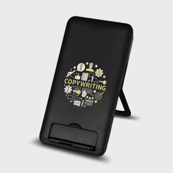 Support téléphone noir avec design copywriting