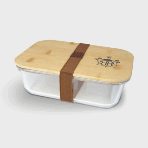 Boîte en verre avec couvercle en bois et sangle
