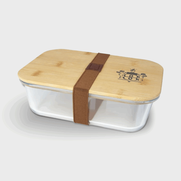 Boîte en verre avec couvercle en bois et sangle