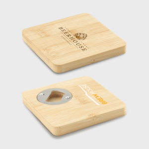 Sous-verre en bois avec décapsuleur intégré.