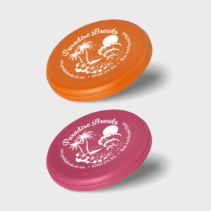 Frisbees orange et rose Paradise Breaks avec logo.