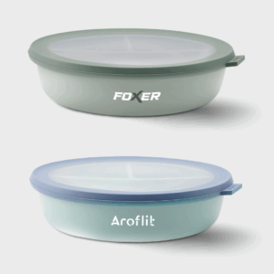 Deux boîtes alimentaires rondes avec couvercles colorés.
