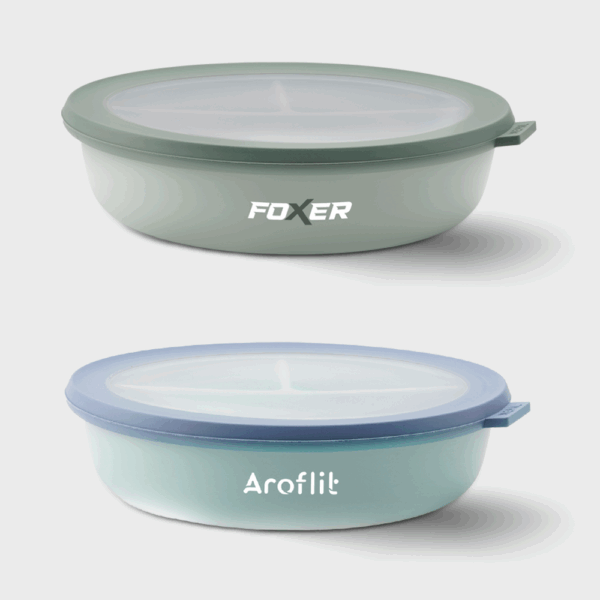 Deux boîtes alimentaires rondes avec couvercles colorés.