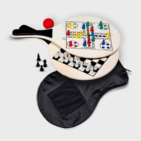 Raquettes jeux société: ping-pong, échecs, ludo.