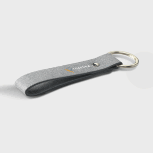 Porte-clés en feutre gris avec logo Rockline.