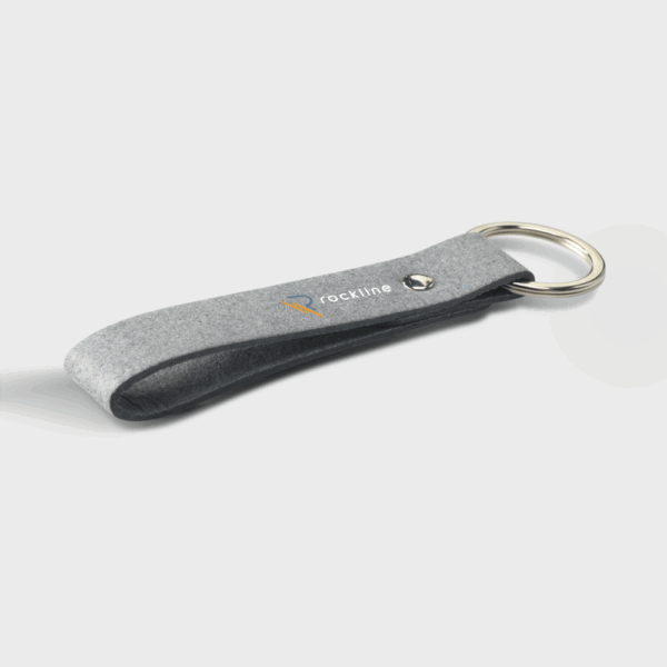 Porte-clés en feutre gris avec logo Rockline.