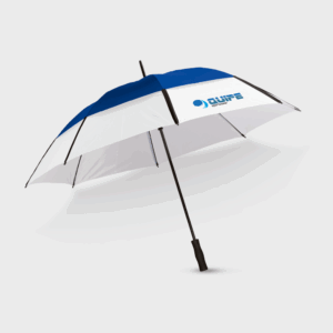 Parapluie bleu et blanc ouvert.
