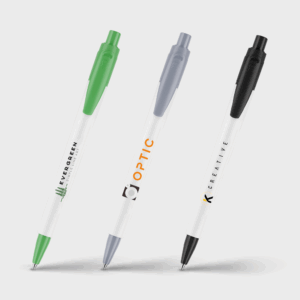 Stylos personnalisés avec logos, trois couleurs différentes.