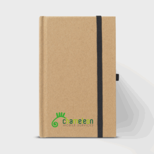 Carnet marron avec logo Chameleon, élastique noir.
