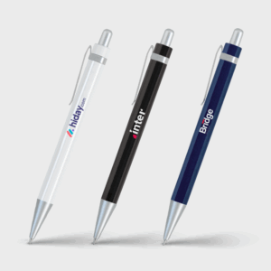 Stylos personnalisés blancs, noirs, bleus avec logos imprimés.