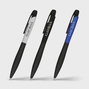 Trois stylos à bille colorés avec logo GoldBrick.