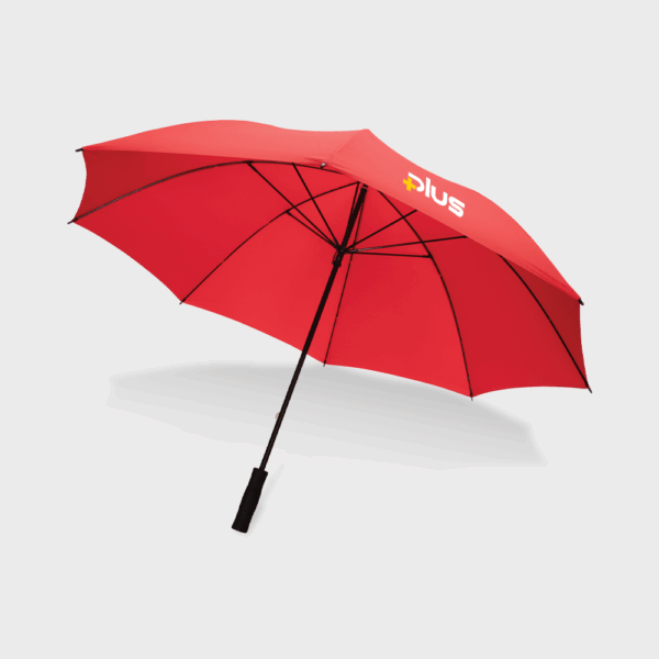 Parapluie rouge ouvert avec inscription Plus.