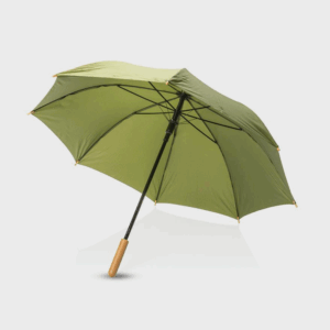 Parapluie vert avec poignée en bois.