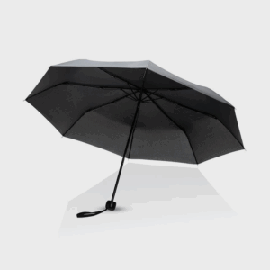 Parapluie noir ouvert sur fond blanc.
