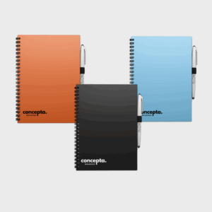 Carnets colorés avec stylos argentés.
