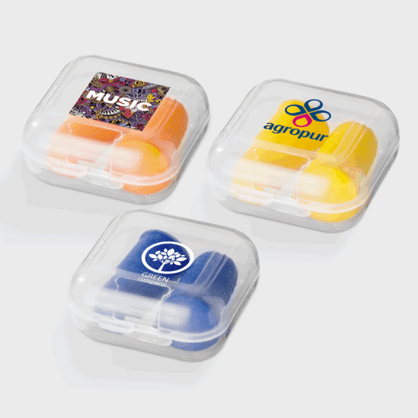 Boîtes transparentes avec bouchons d'oreilles colorés