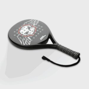 Raquette de padel noire avec motifs graphiques.