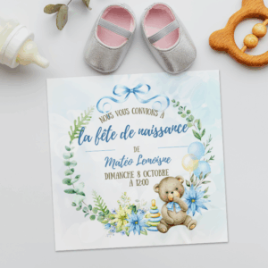Invitation fête de naissance Matéo, décorations bébé.