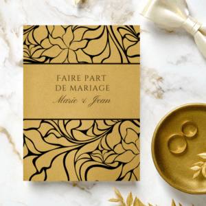 Faire-part mariage doré avec anneaux et motifs élégants