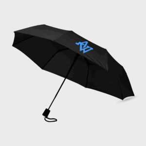 Parapluie noir pliable avec logo bleu.
