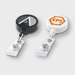 Enrouleurs badge noir et blanc avec clips.
