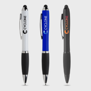 Trois stylos à bille colorés alignés verticalement.