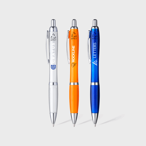 Trois stylos RPET colorés : blanc, orange, bleu