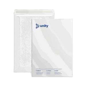 Papeterie corporative avec logo Unity et enveloppe.