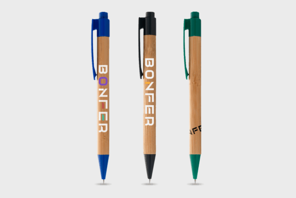 Stylos à bille en bois colorés.