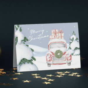 Carte de Noël, camion rouge et cadeaux.