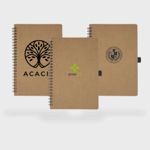 Carnets écologiques avec spirale et logos variés.