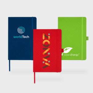 Carnets colorés avec logos, technologie et énergie.