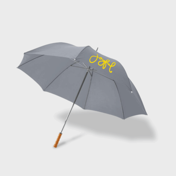 Parapluie gris avec inscription jaune 'joyful'