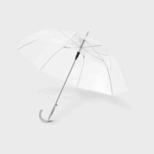 Parapluie transparent ouvert sur fond blanc.