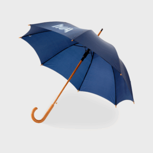Parapluie bleu avec manche en bois.