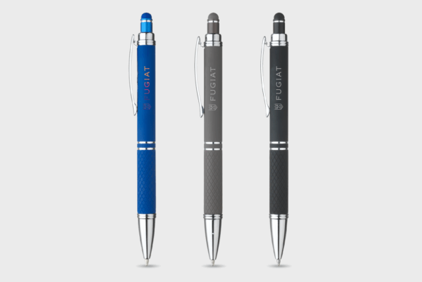 Stylos bleus et gris avec embout tactile.