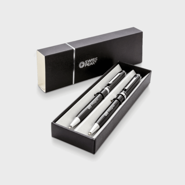 Stylos noirs Swiss Peak dans coffret ouvert.