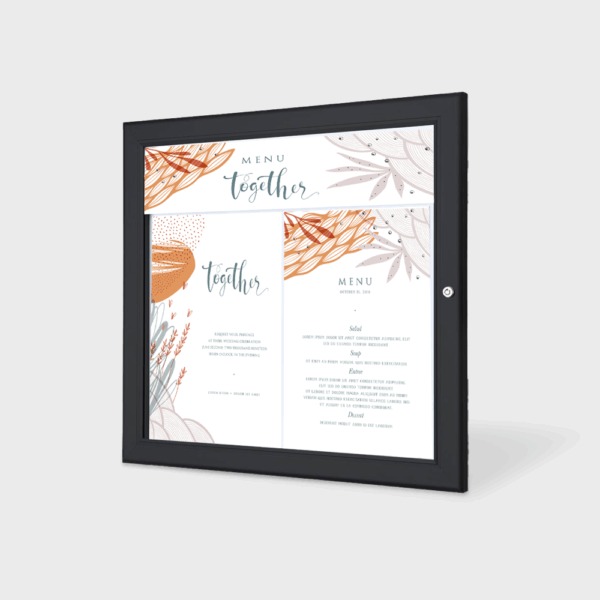 Menu encadré avec motifs floraux colorés.