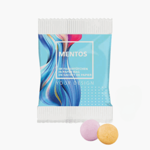 Bonbons Mentos colorés en sachet personnalisé.