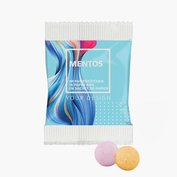 Bonbons Mentos colorés en sachet personnalisé.