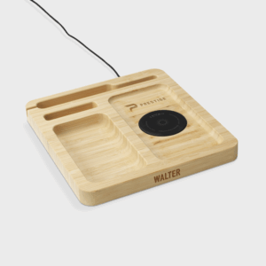 Organisateur de bureau en bois avec chargeur sans fil.