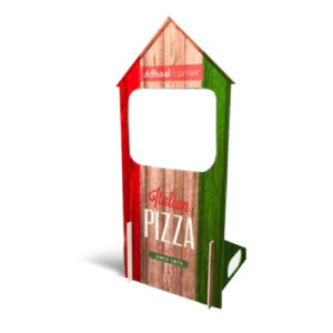 Présentoir en forme de maison pour pizza italienne.