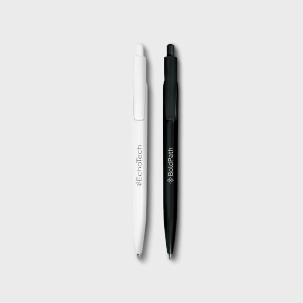 Deux stylos noir et blanc sur fond gris.