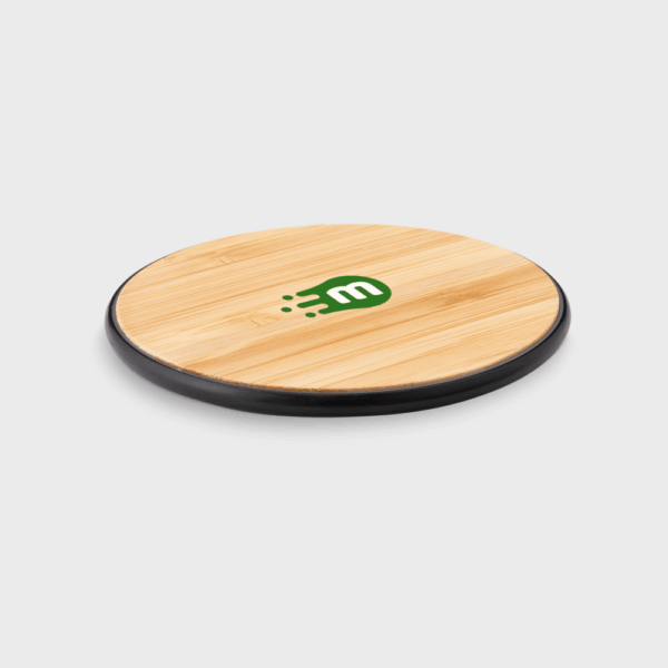 Chargeur sans fil en bambou, logo vert.