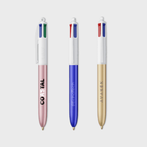 Stylos billes multicolores en rose, bleu et or.