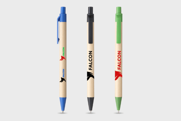Trois stylos Falcon avec capuchons colorés différents.