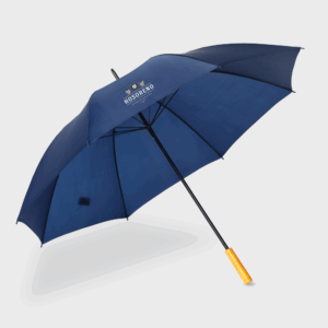 Parapluie bleu avec poignée orange.