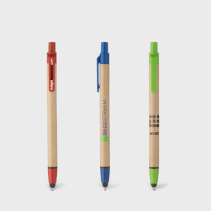 Stylos écologiques à clips colorés : rouge, bleu, vert.